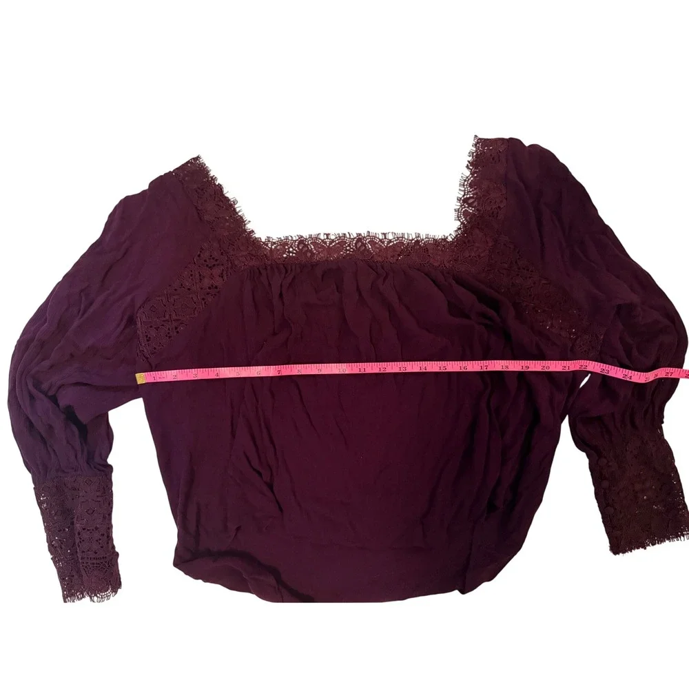 Free‎ People Plum Purple Lace Trim Square Neck Long Sleeve Boho Blouse Small